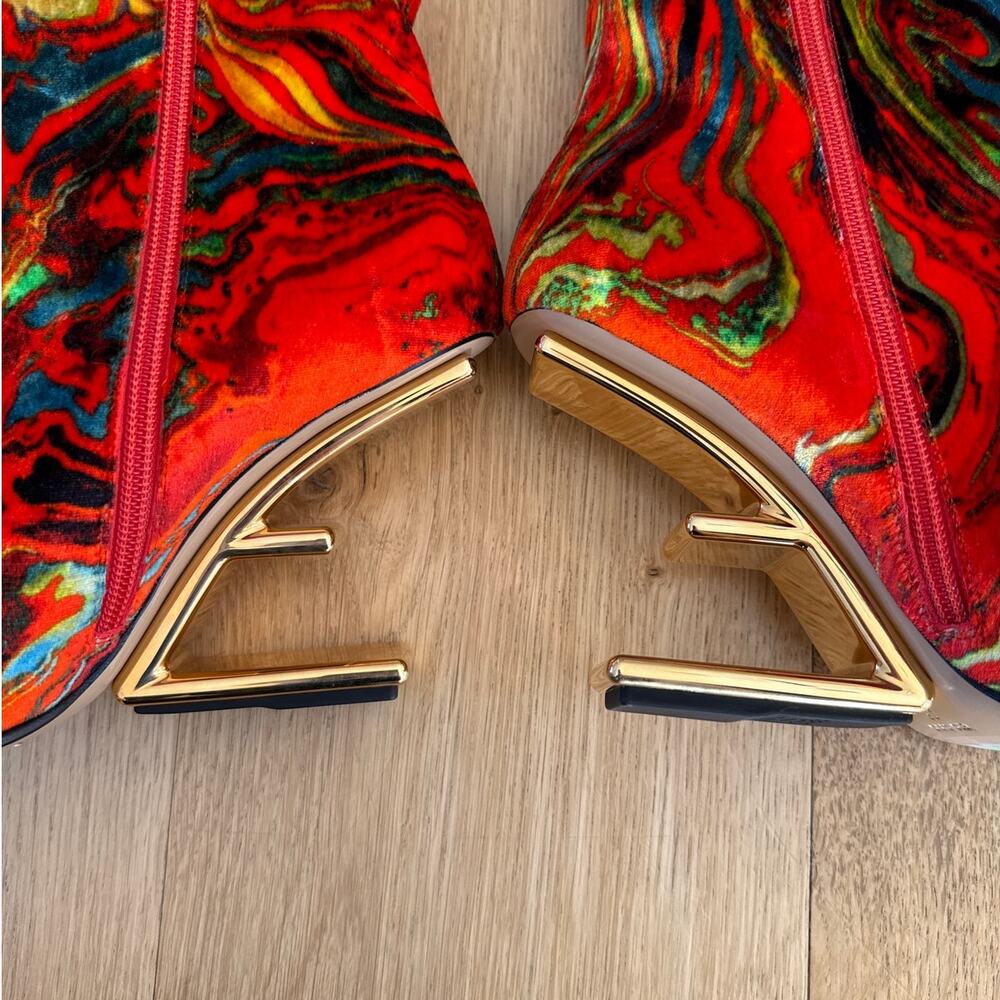 Fendi Ankle Boots Velvet Marble Size EU38 Red Lime Gold Blue - Picture 9 of 9